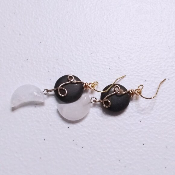 OOAK Black Jasper Coin & Quartz Moon Earrings | Wire Wrapped | Moon Goddess - Picture 7 of 10